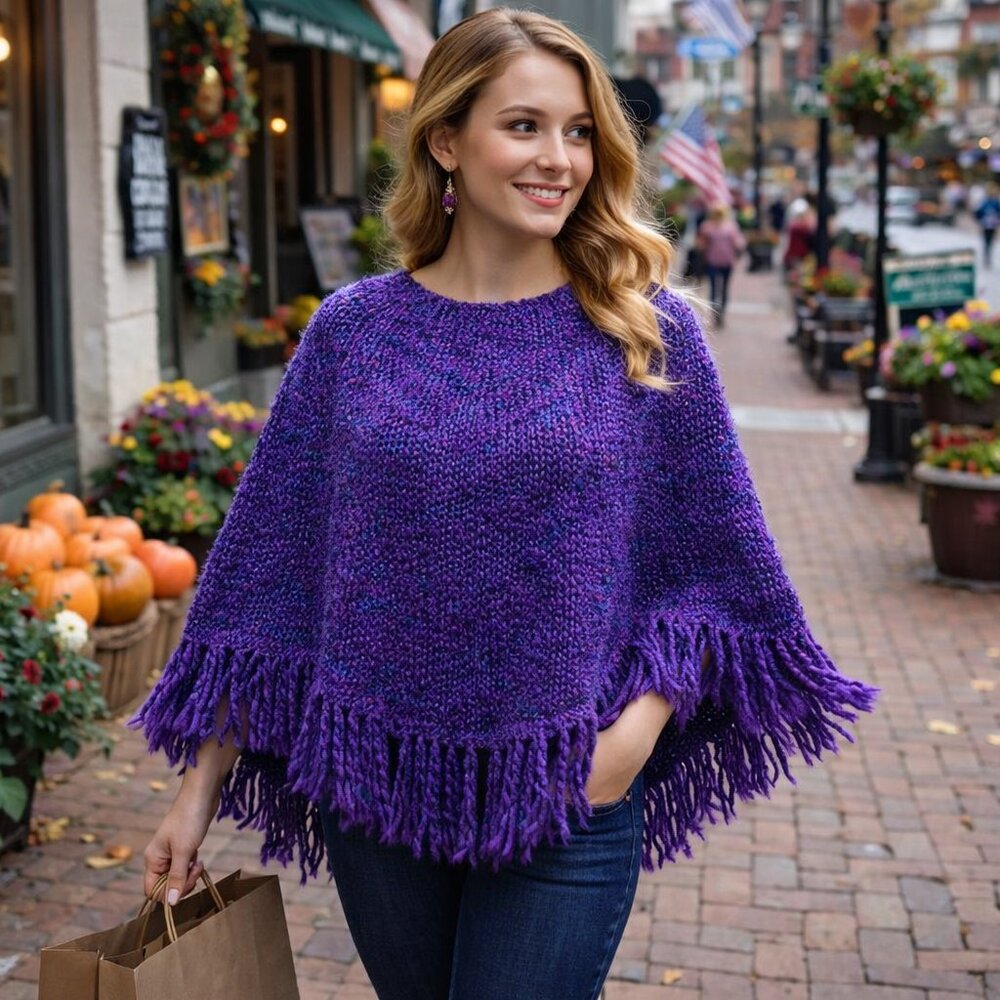 Hand Crafted Knit Purple Poncho Soft Boho Bohemian Festival Essential Chunky